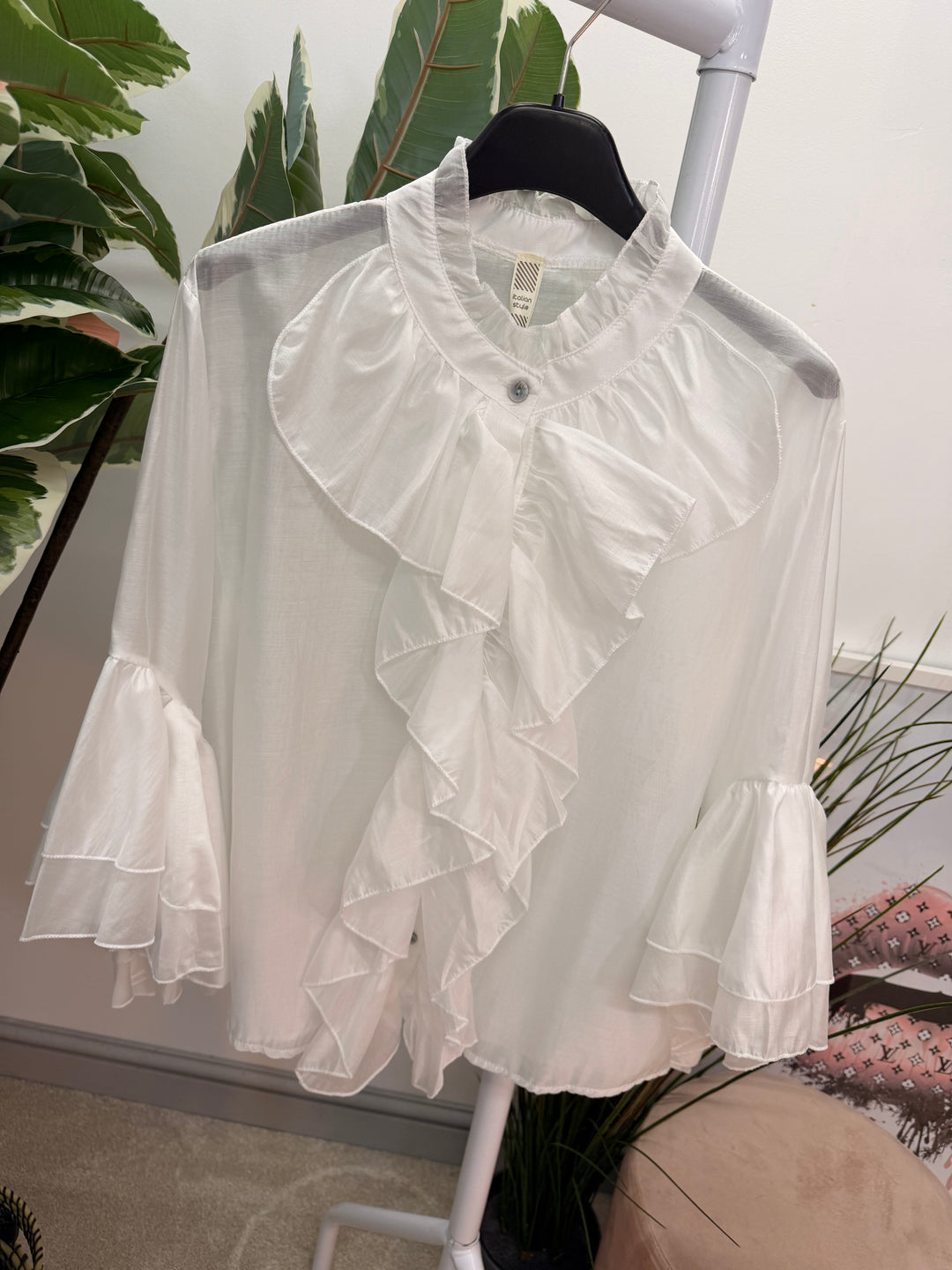 Ladies Fashion Sheer Ruffle Front Blouse Top - white, pink, blue, sage, lemon