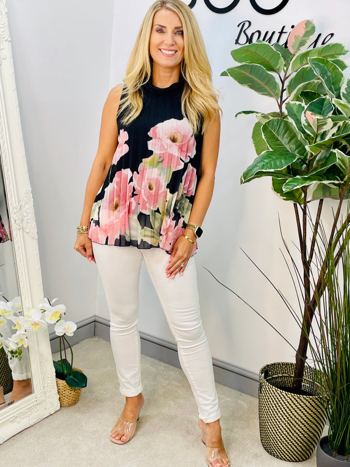 LADIES PLEATED FLOWER PRINT CHIFFON TOP - BLACK, KHAKI, LEMON, PINK & NAVY