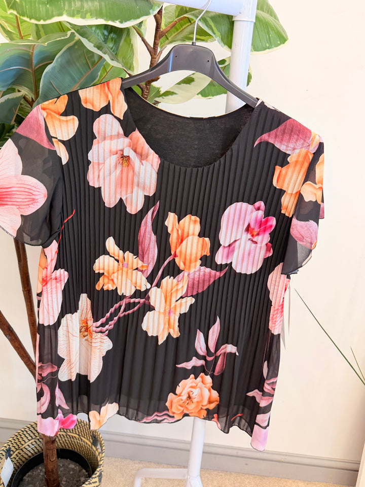 Ladies Pleated Floral Print Chiffon Top - Black, Cream, Blue, Lemon, Pink, Navy, Brown