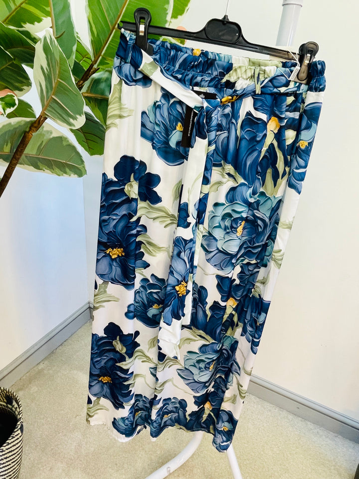 LADIES FLORA PRINT SATIN WIDE LEG PALAZZO TROUSERS - PINK, NAVY, GREEN, BLACK, YELLOW