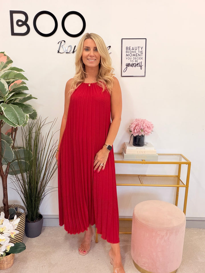 Ladies Chiffon Pleated Summer Maxi Dress - Red, Pink, Navy & White