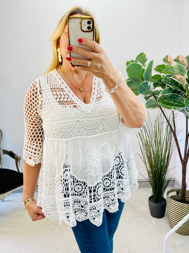 LADIES WOMENS CREAM LACY EMBROIDERED SUMMER TOP