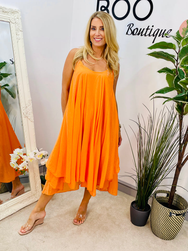LADIES SUMMER HANKERCHIEF DRESS & CROP TOP SET - ORANGE, WHITE & BEIGE