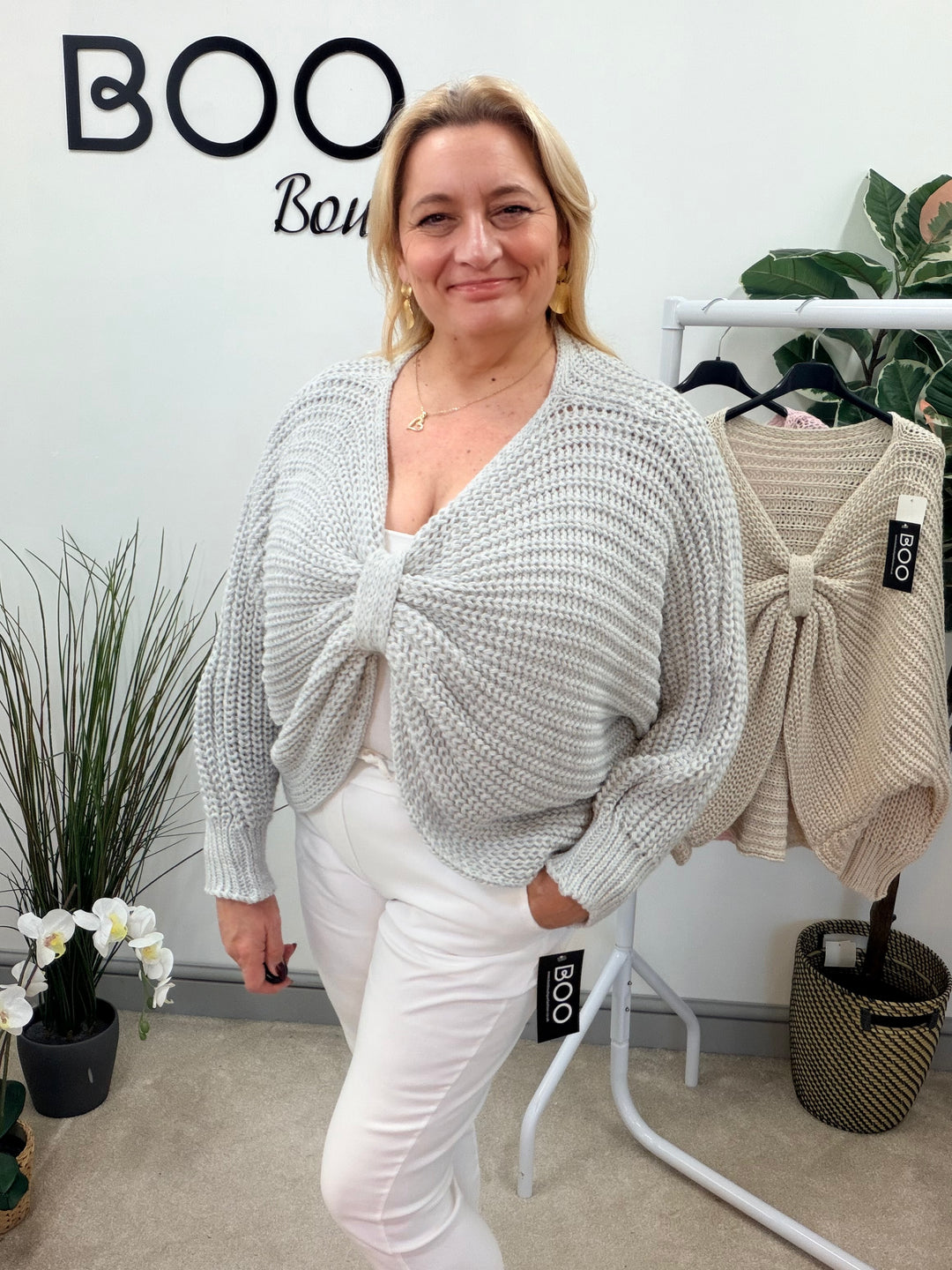 LADIES CHUNKY KNIT TWIST FRONT JUMPER - GREY, BEIGE & PINK