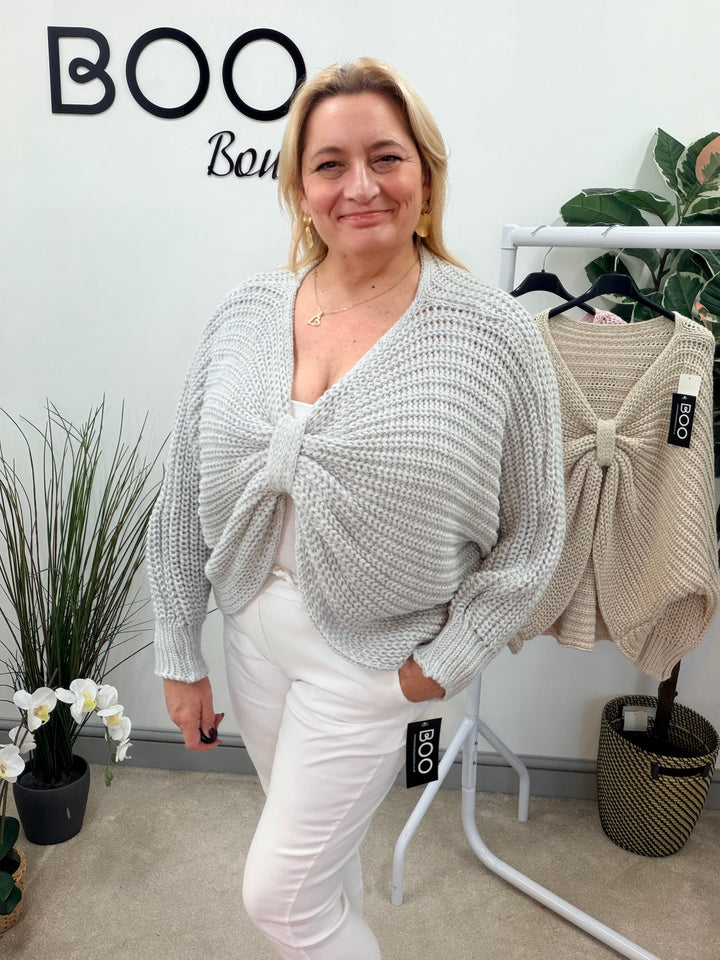 LADIES CHUNKY KNIT TWIST FRONT JUMPER - GREY, BEIGE & PINK