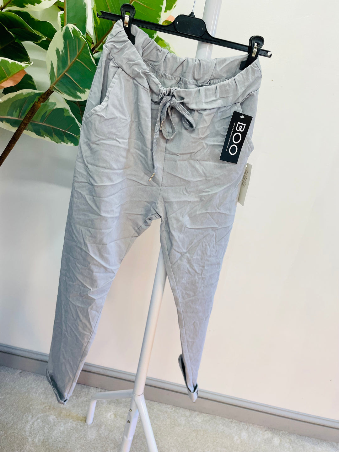 LADIES WOMENS LIGHT GREY CRINKLE STRETCH CASUAL MAGIC TROUSERS
