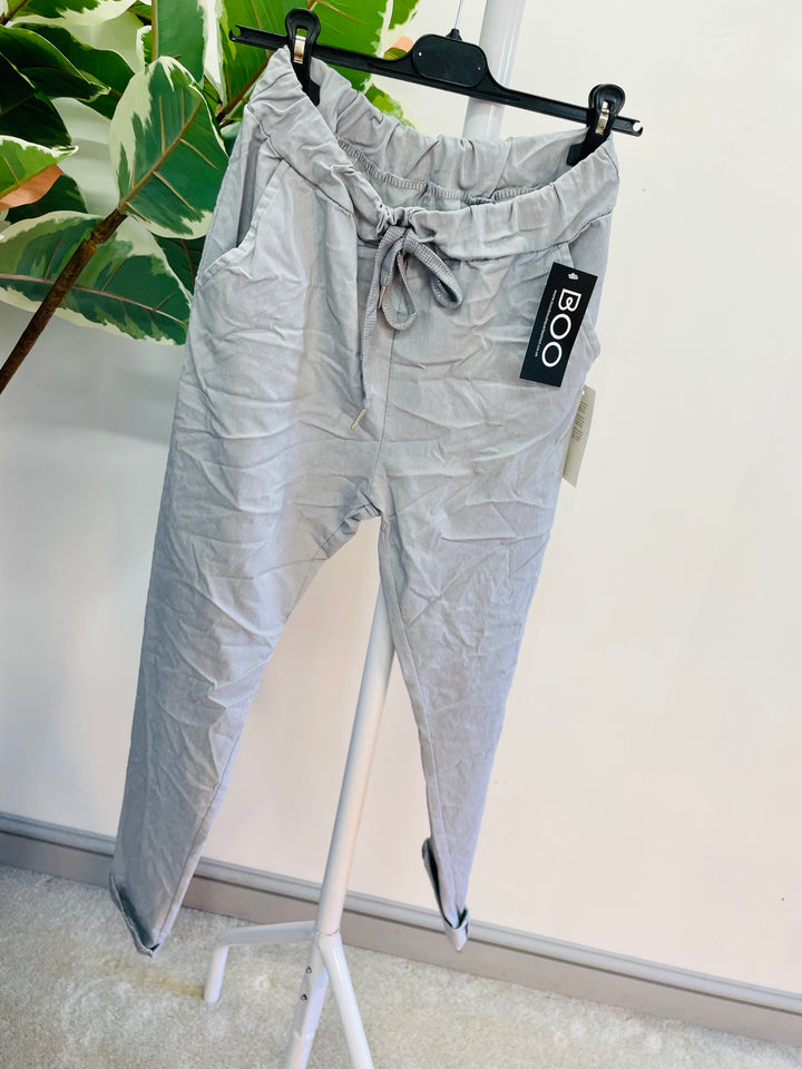 LADIES WOMENS LIGHT GREY CRINKLE STRETCH CASUAL MAGIC TROUSERS