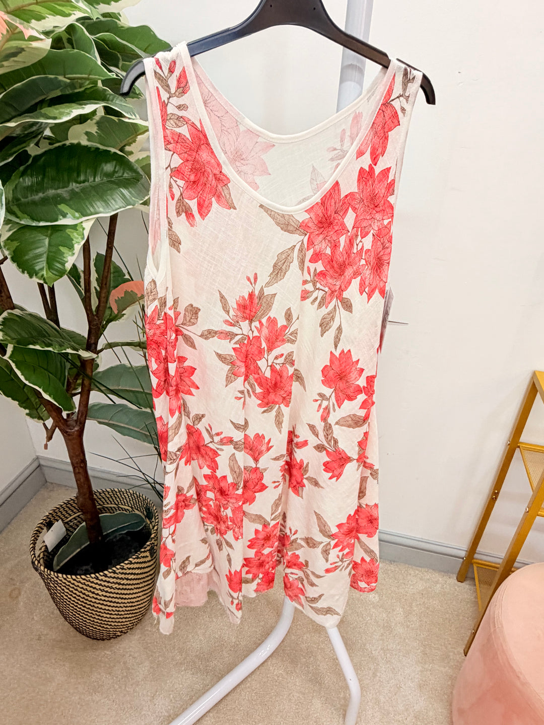 Ladies Flower Print Light Linen Summer Midi Day Dress - Red, Blue, Pink & Khaki