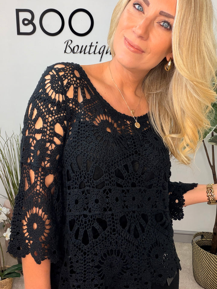 Ladies Pretty Crochet Summer Top black