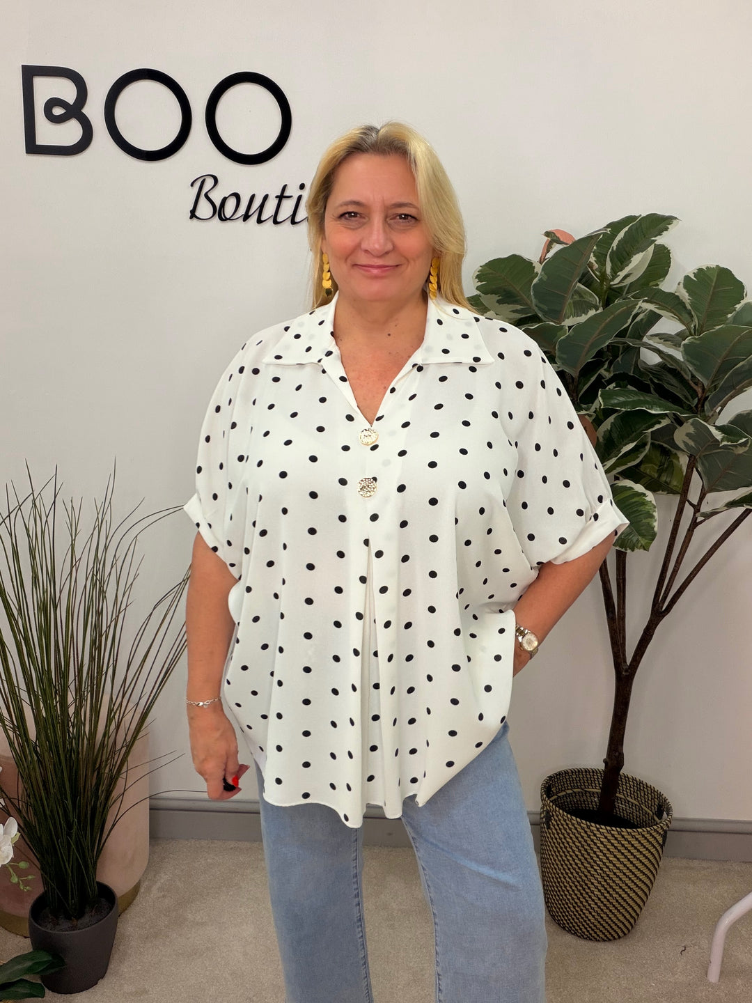 Ladies Curve Polka Dot Loose Fit Top - Navy & White 
