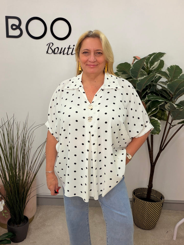 Ladies Curve Polka Dot Loose Fit Top - Navy & White 