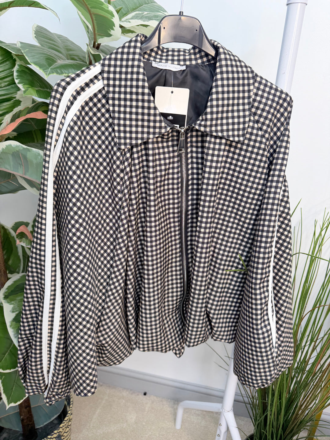The MONICA check sports luxe bomber jacket - red and black