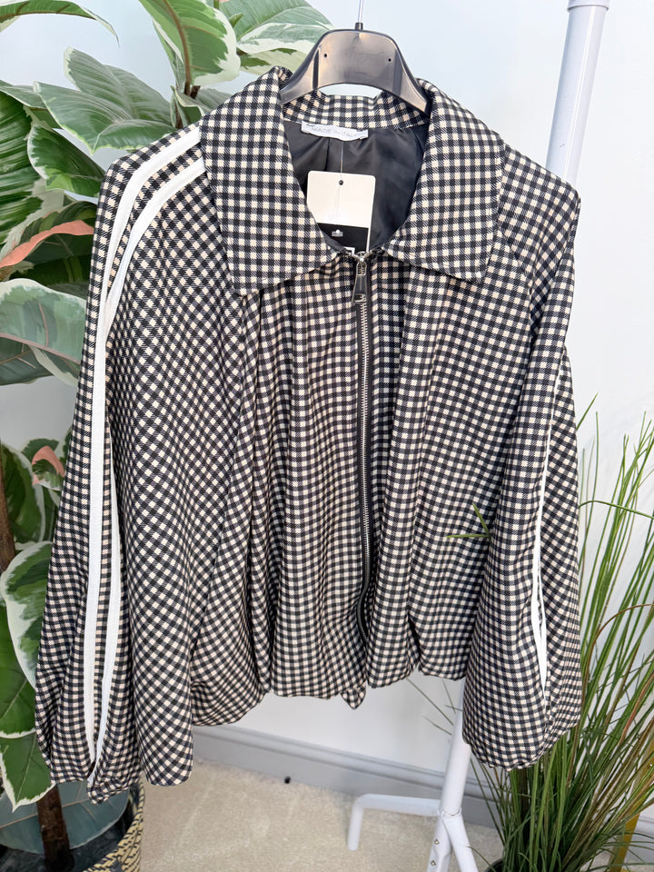 The MONICA check sports luxe bomber jacket - red and black