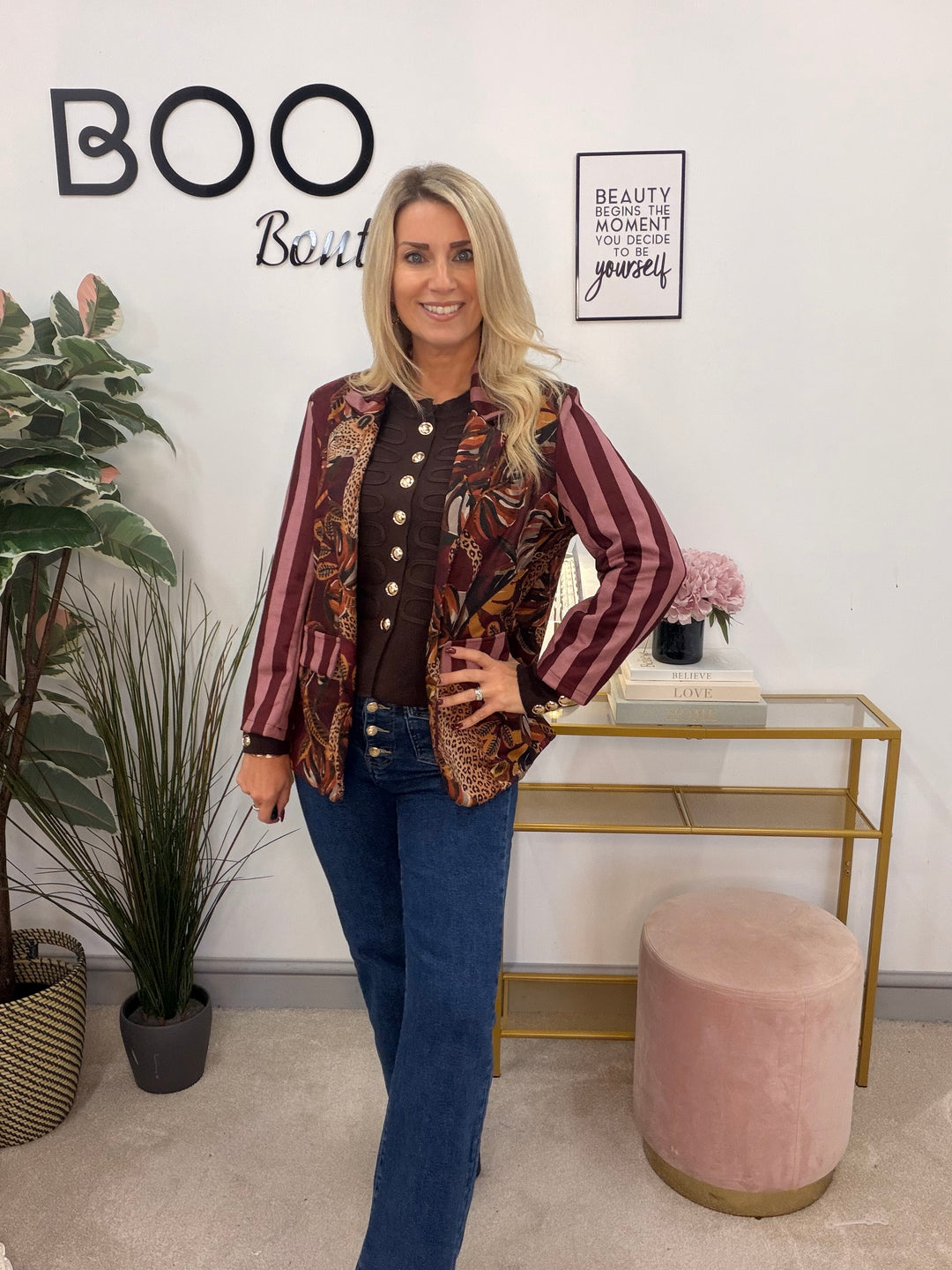 Womens Faux Suede Jungle Print Blazer Jacket - Burgundy & Black