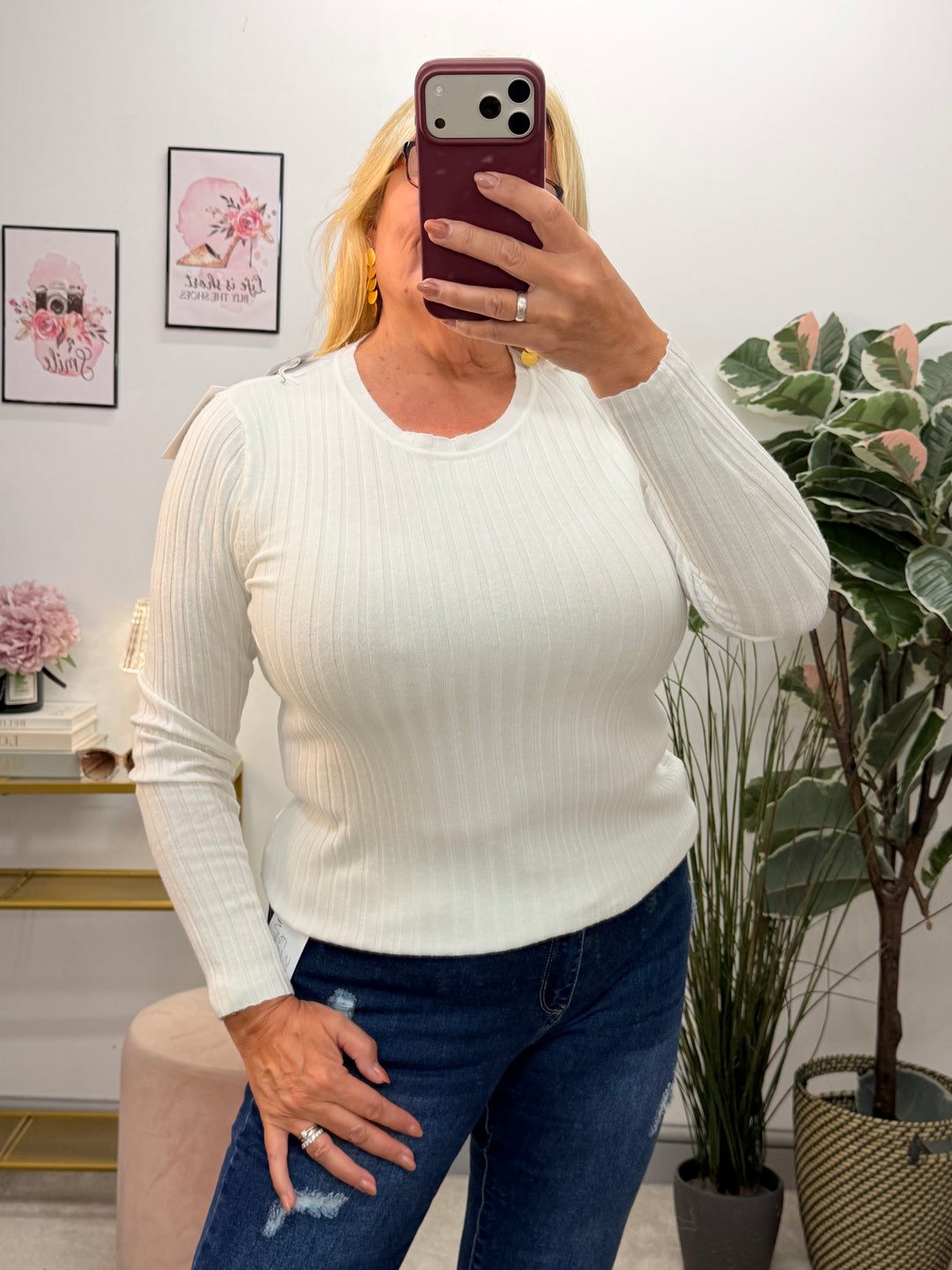 Ladies Fashion Staple Style Ribbed Stretch Knit Long Sleeve Top - Black, Wine, Camel, White & Brown
