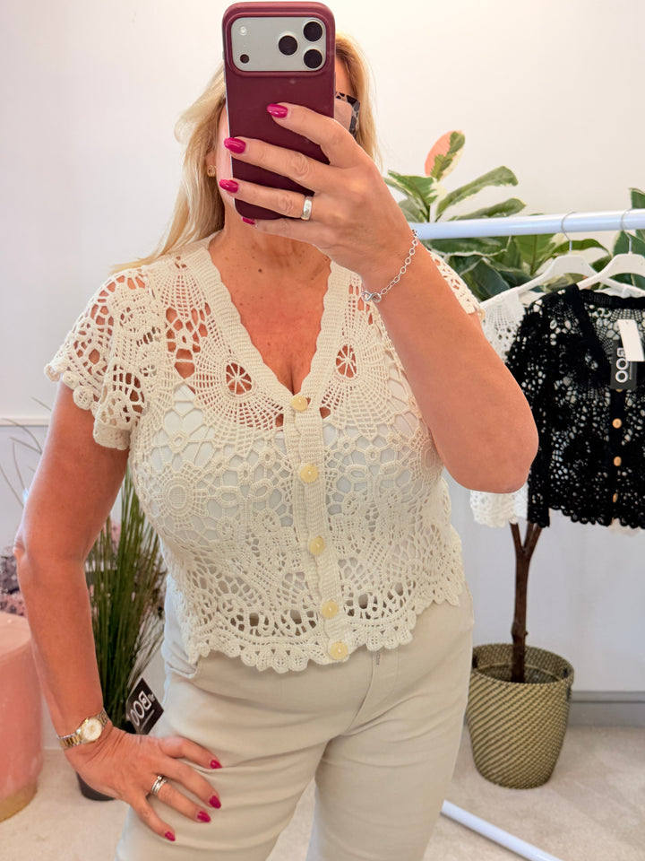 Ladies Crochet Bolero Cardigan - Beige, Black & White