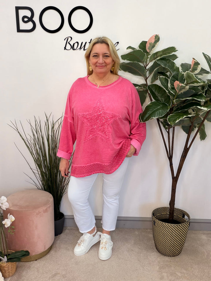 Ladies Fashion Oversize Star Sweatshirt style Top - black, white, pink, raspberry & grey