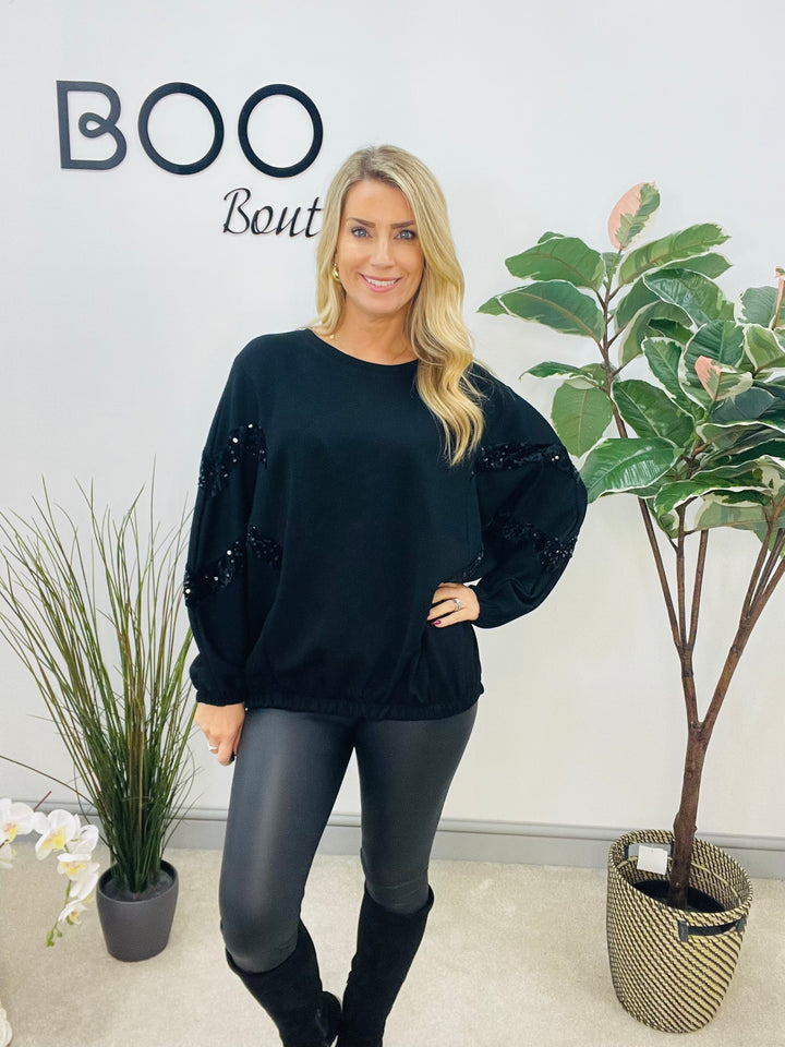 LADIES SCUBA SEQUIN SWEATSHIRT TOP - BLACK & BROWN