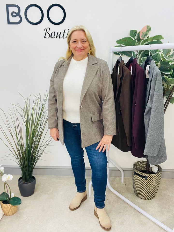 LADIES HERRINGBONE FASHION BLAZER - PLUM, GREY, BEIGE & BROWN