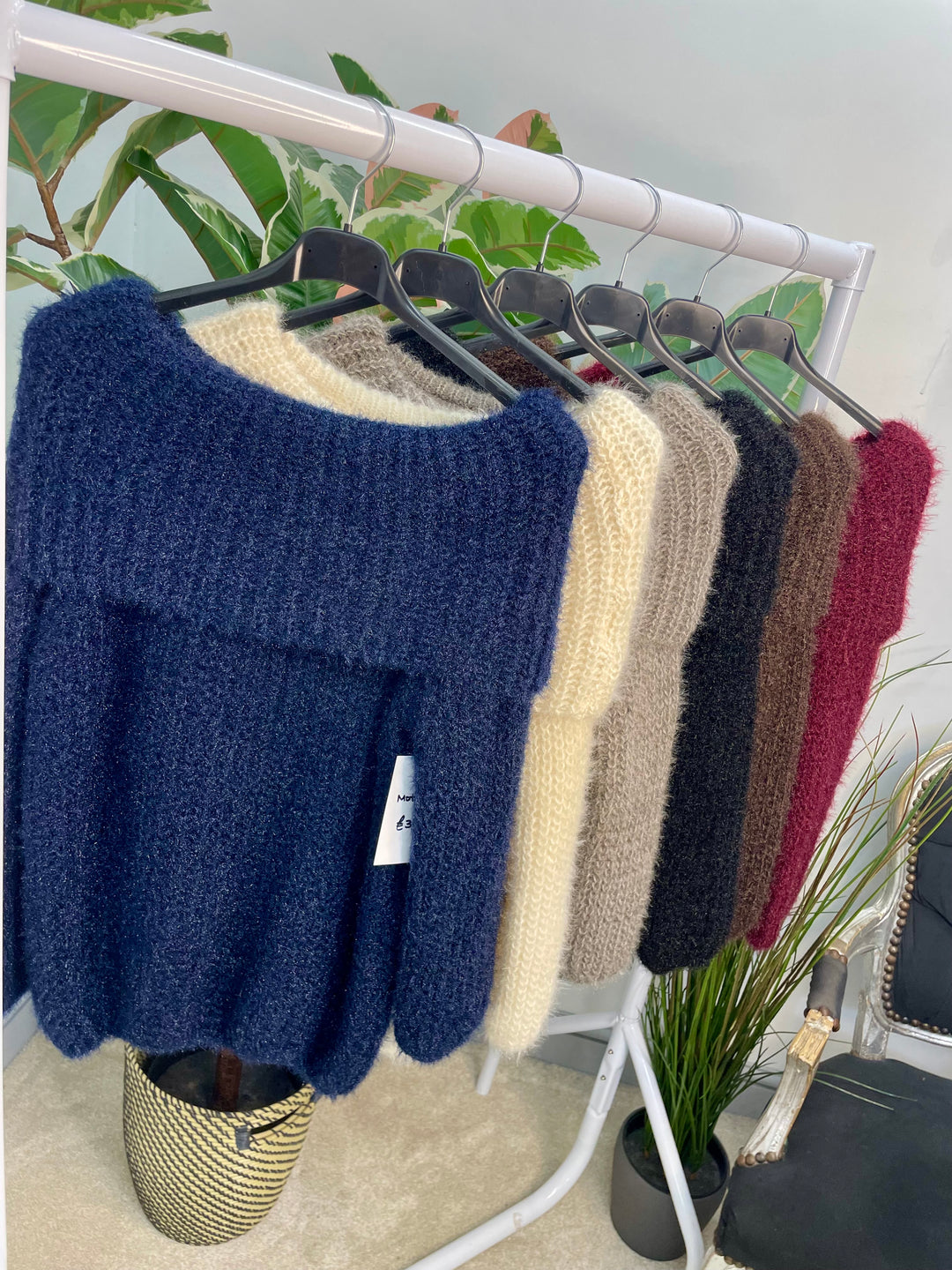 LADIES FLUFFY BARDOT JUMPER - NAVY, BLACK, WINE, MOCHA, BROWN, CREAM