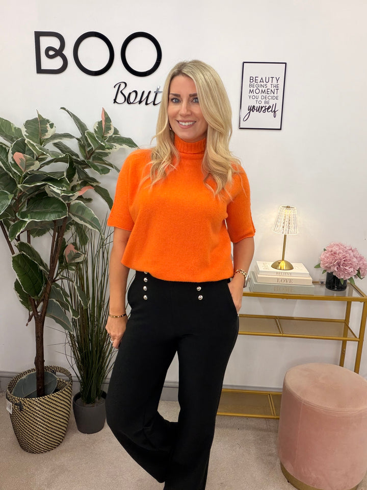 Ladies Fashion High Neck Soft Knit Short Sleeve Jumper orange