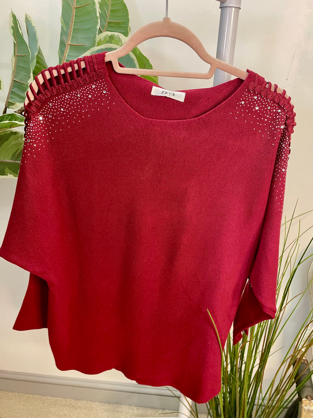 LADIES DIAMANTE BATWING JUMPER BURGUNDY WINE