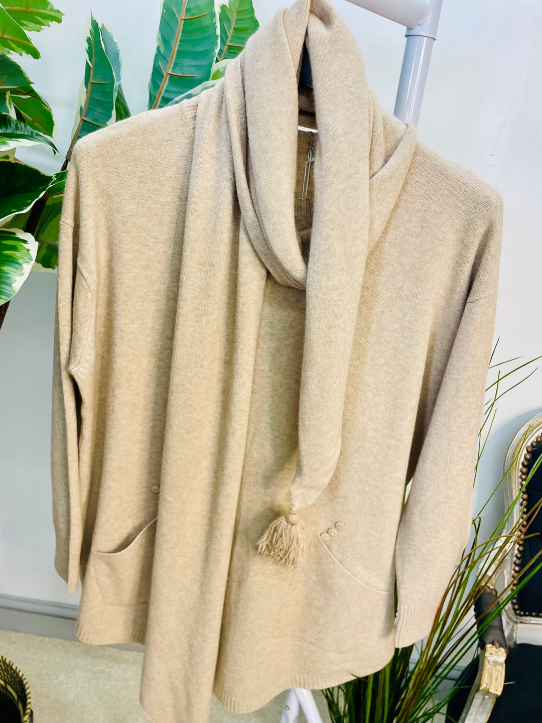 LADIES SOFT KNIT JUMPER & SCARF SET - BURGUNDY, BEIGE, BROWN & BLACK