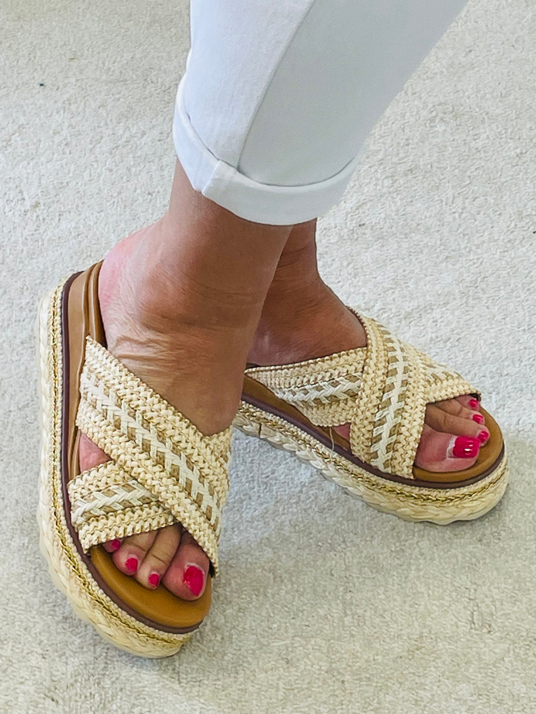 LADIES BEIGE WOVEN SUMMER HOLIDAY FLATFORM SLIDER SANDALS 