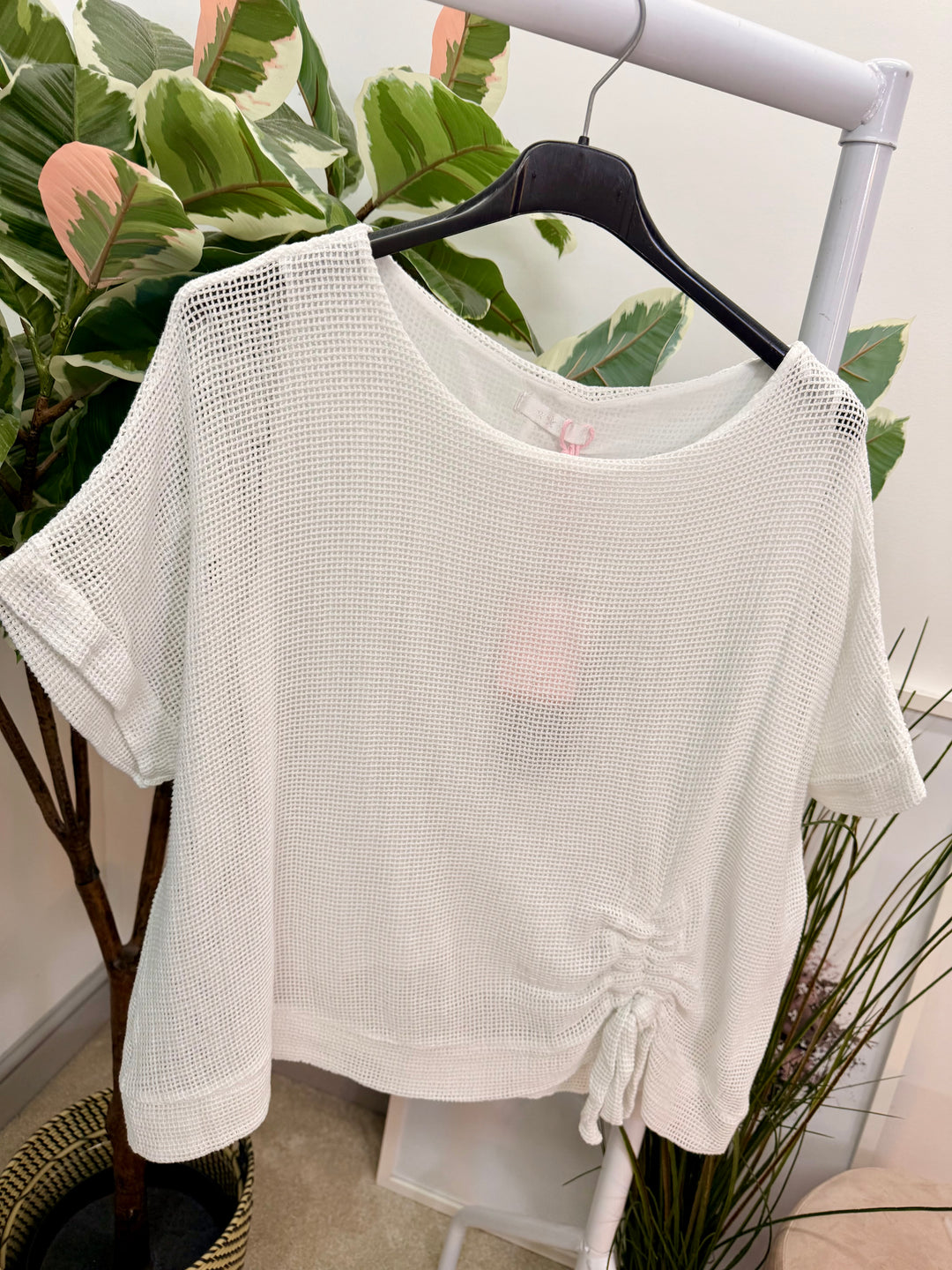 Ladies Fashion Teabag Linen Short Sleeve Top white