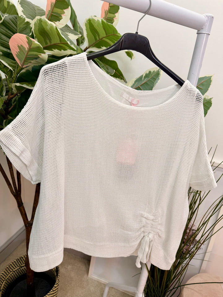 Ladies Fashion Teabag Linen Short Sleeve Top white