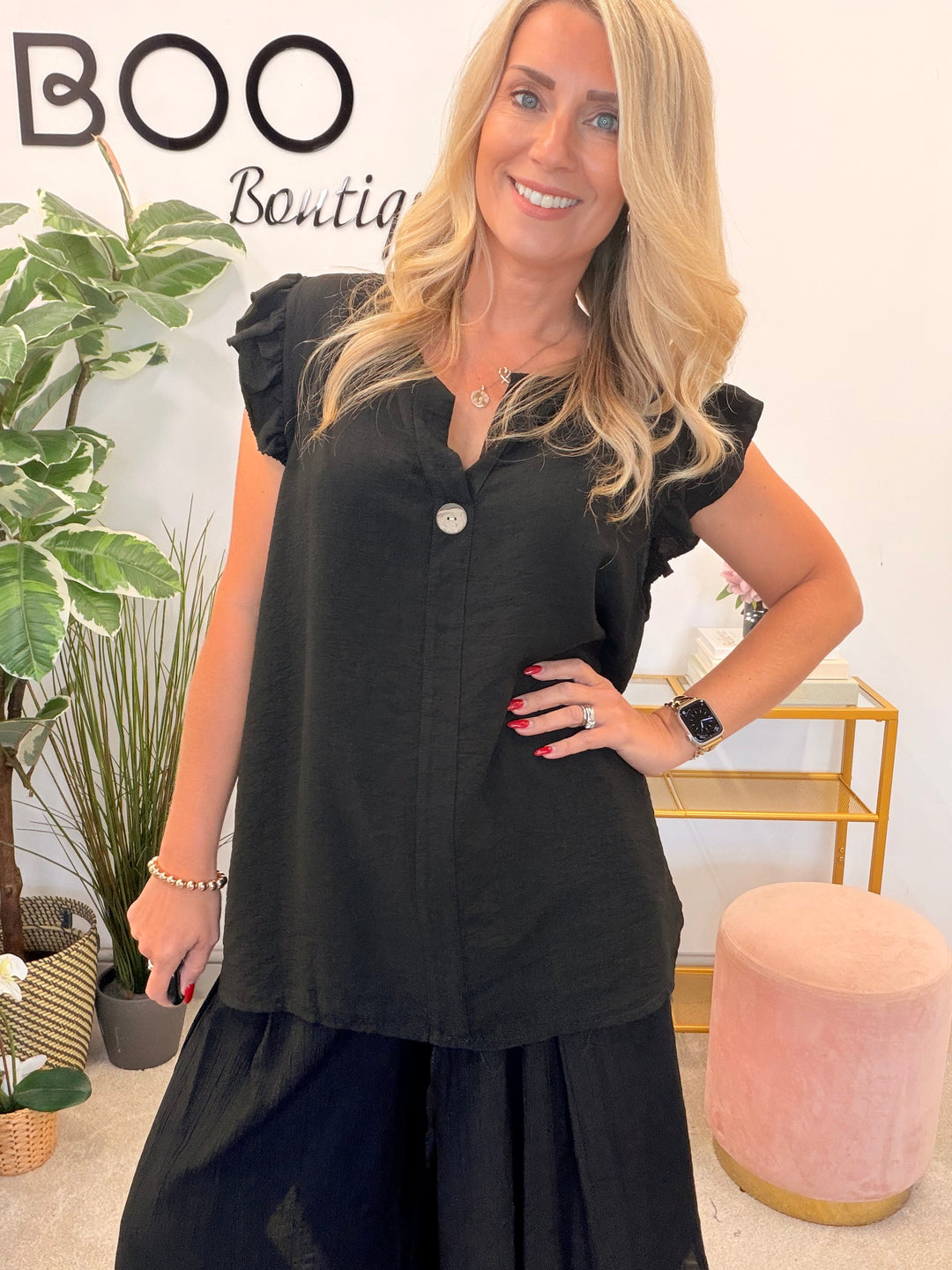 Ladies Frill Sleeve Grandad Top - Blue, Pink, Brown, White, Black & Mocha