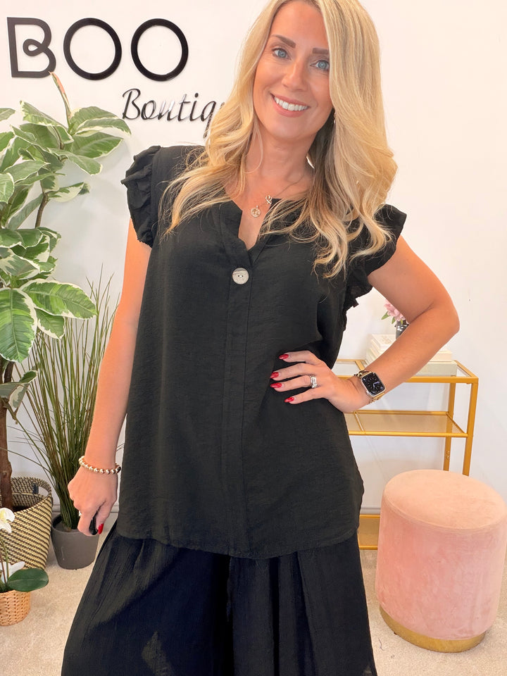Ladies Frill Sleeve Grandad Top - Blue, Pink, Brown, White, Black & Mocha