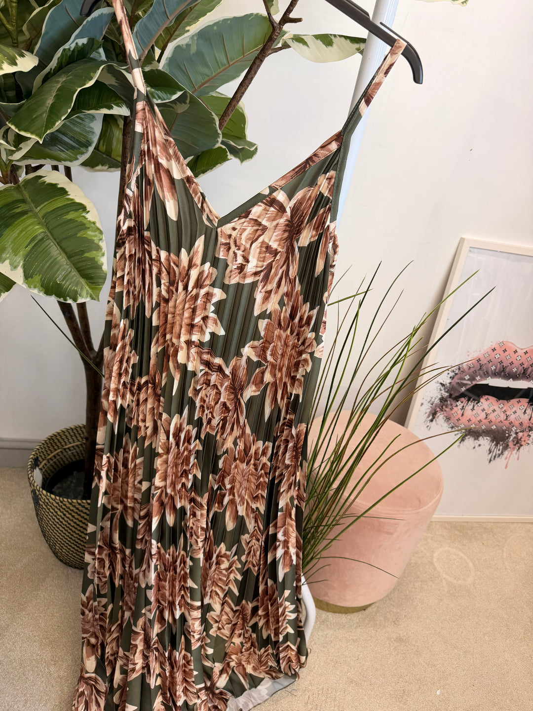 Ladies Pleated Satin Summer Maxi Dress - Brown, Khaki & Blue