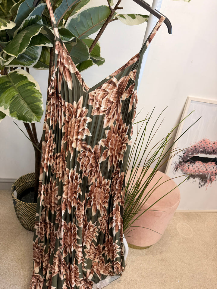 Ladies Pleated Satin Summer Maxi Dress - Brown, Khaki & Blue