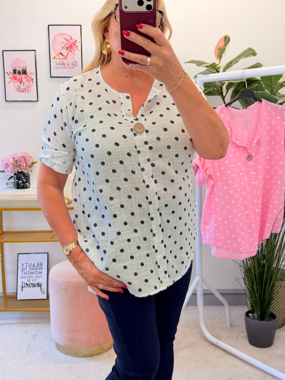 Ladies Polka Dot Light Linen Grandad Top - White & Pink