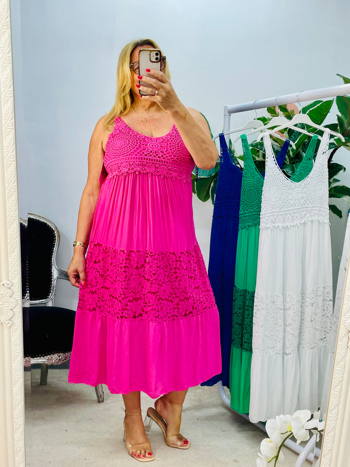 LADIES CROCHET LACE SUMMER MIDI DRESS - WHITE, ROYAL BLUE, FUSCHIA PINK & GREEN
