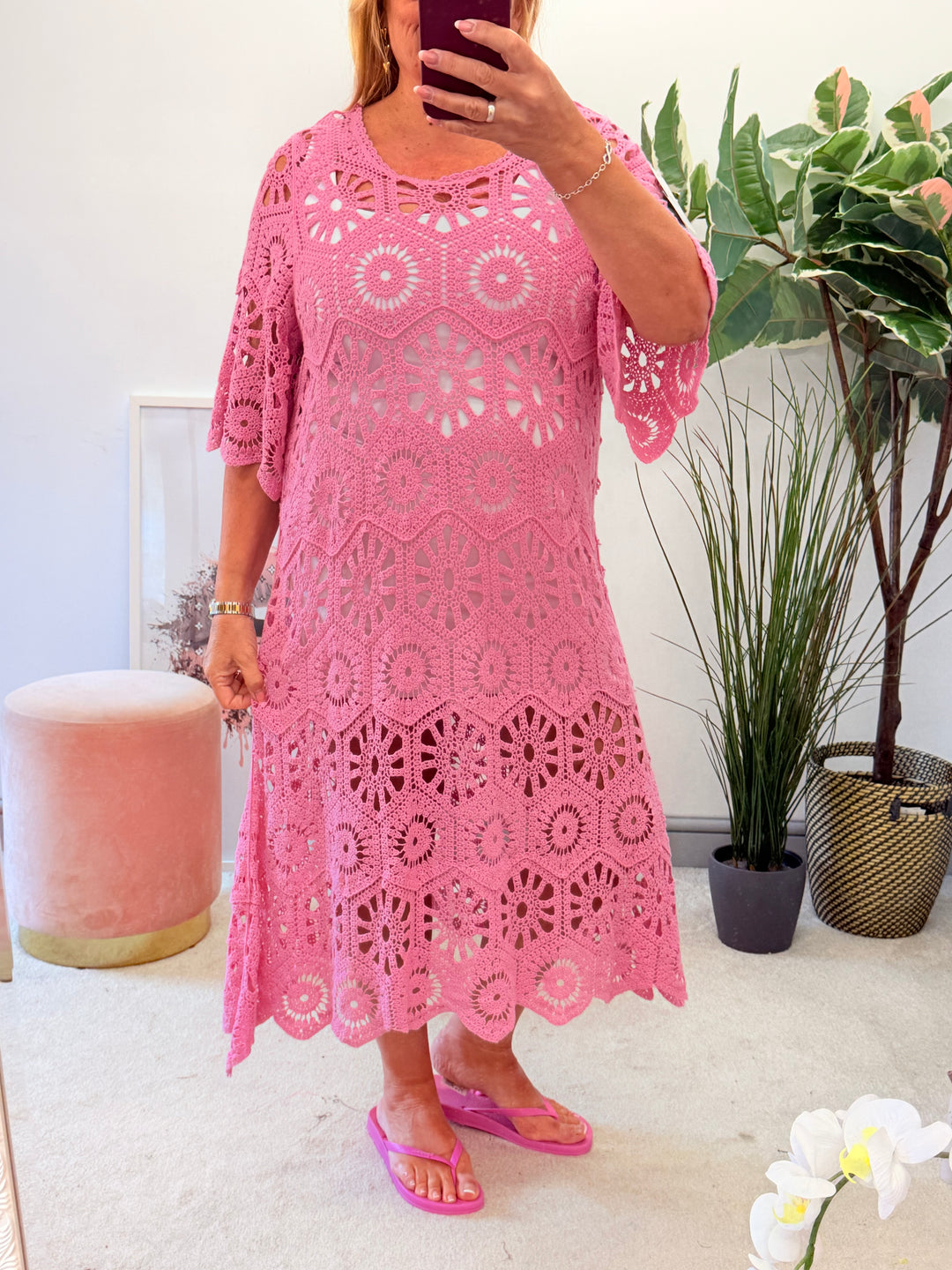 Ladies Fashion Crochet Beach Summer Maxi Dress - Blue, Pink, Fuschia, Orange, White