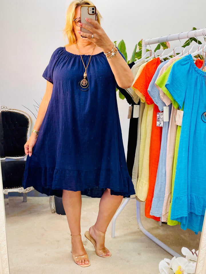 LADIES COTTON SUMMER BARDOT DRESS - BLACK, NAVY, PINK, LEMON, ORANGE, BLUE & LIME