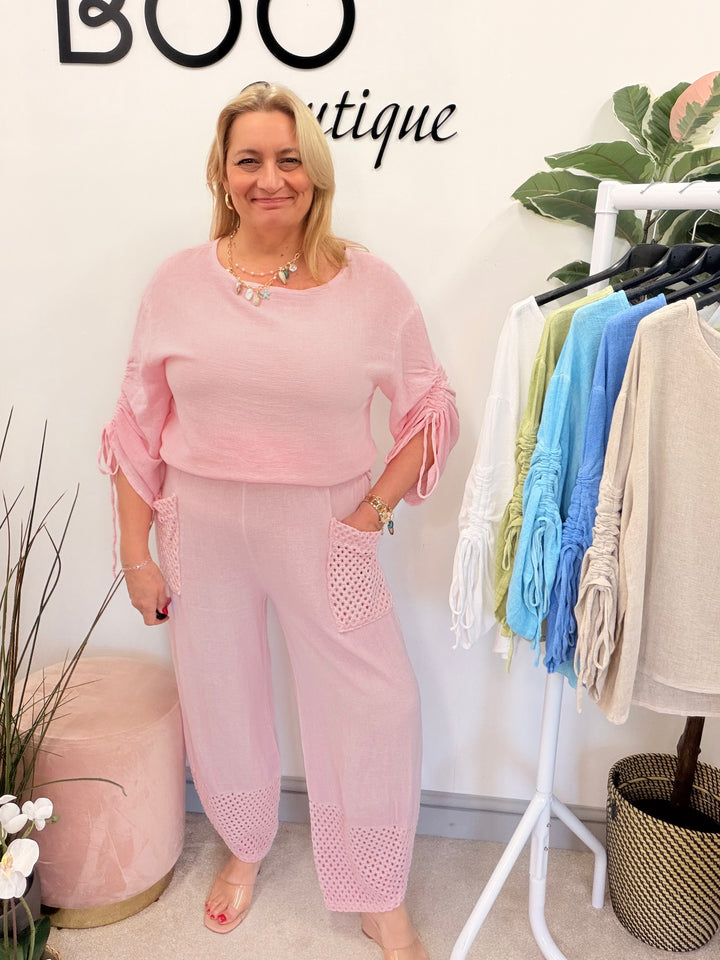 Ladies Fashion Ruche Sleeve Teabag Linen Top candy pink