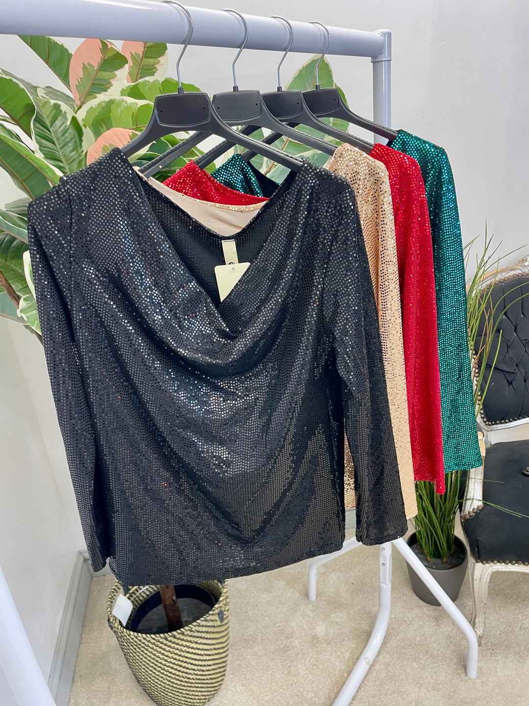 LADIES SEQUIN COWL NECK TOP - BLACK, CHAMPAGNE, GREEN & RED