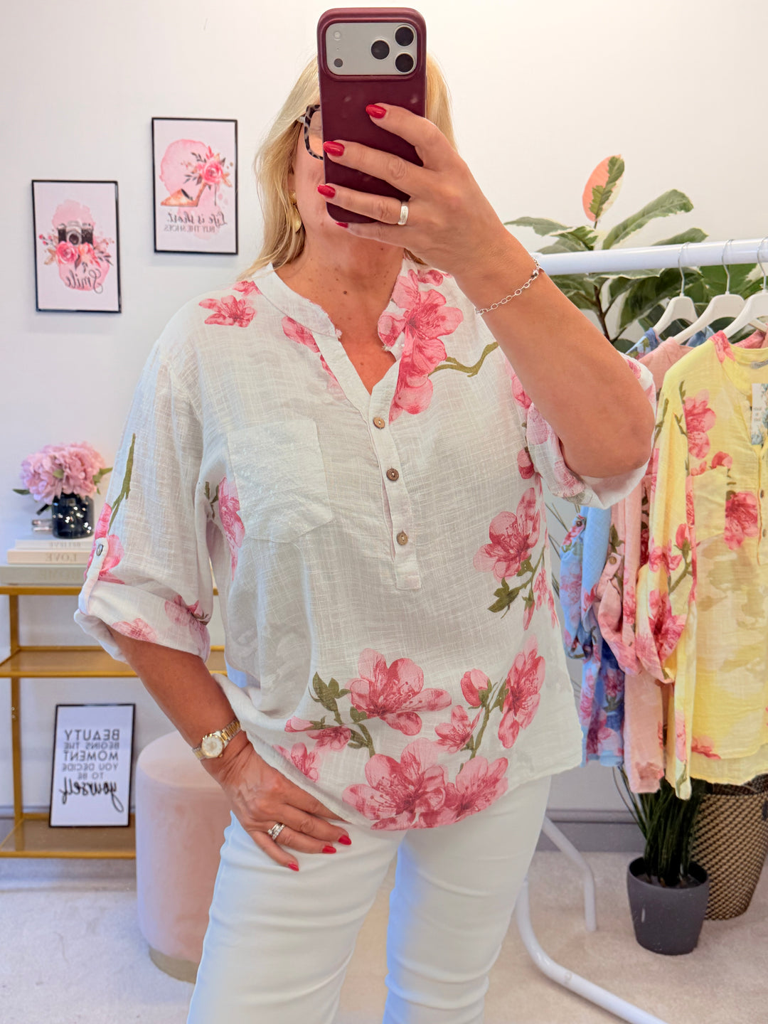 Ladies Light Linen Flower Print Grandad Top Shirt - White, Lemon, Blue & Pink