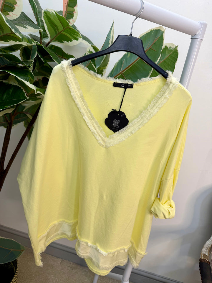 LADIES FASHION V NECK CASUAL TOP - BLACK, WHITE & LEMON