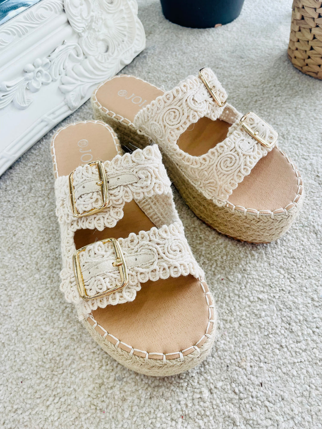 LADIES WOMENS CREAM CROCHET FLATFORM SUMMER SLIDER SANDALS