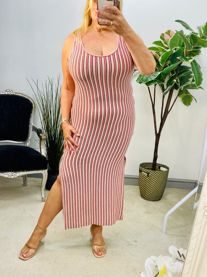 LADIES PINK STRIPE BEACH CLUB SUMMER MAXI DRESS