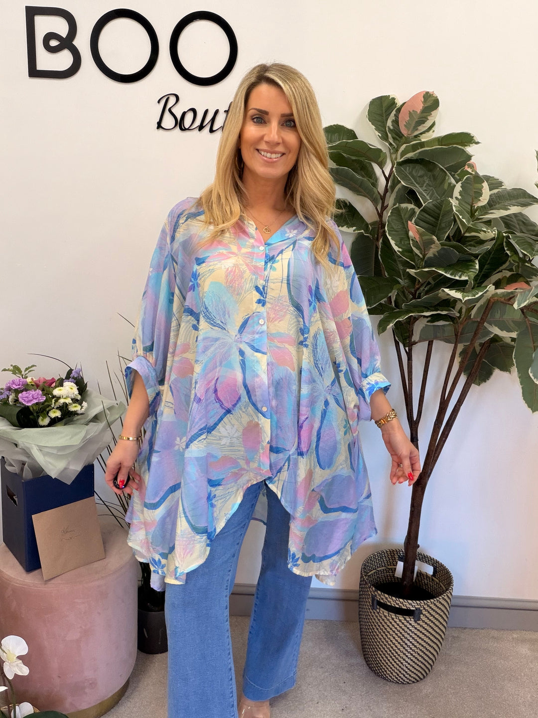 Ladies Fashion Tie Dye Loose Fit Flowy Oversize Blouse Top - pink & blue