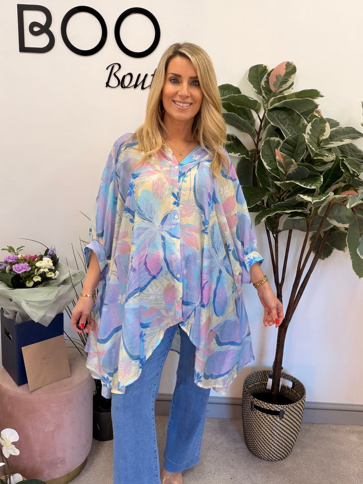 Ladies Fashion Tie Dye Loose Fit Flowy Oversize Blouse Top - pink & blue