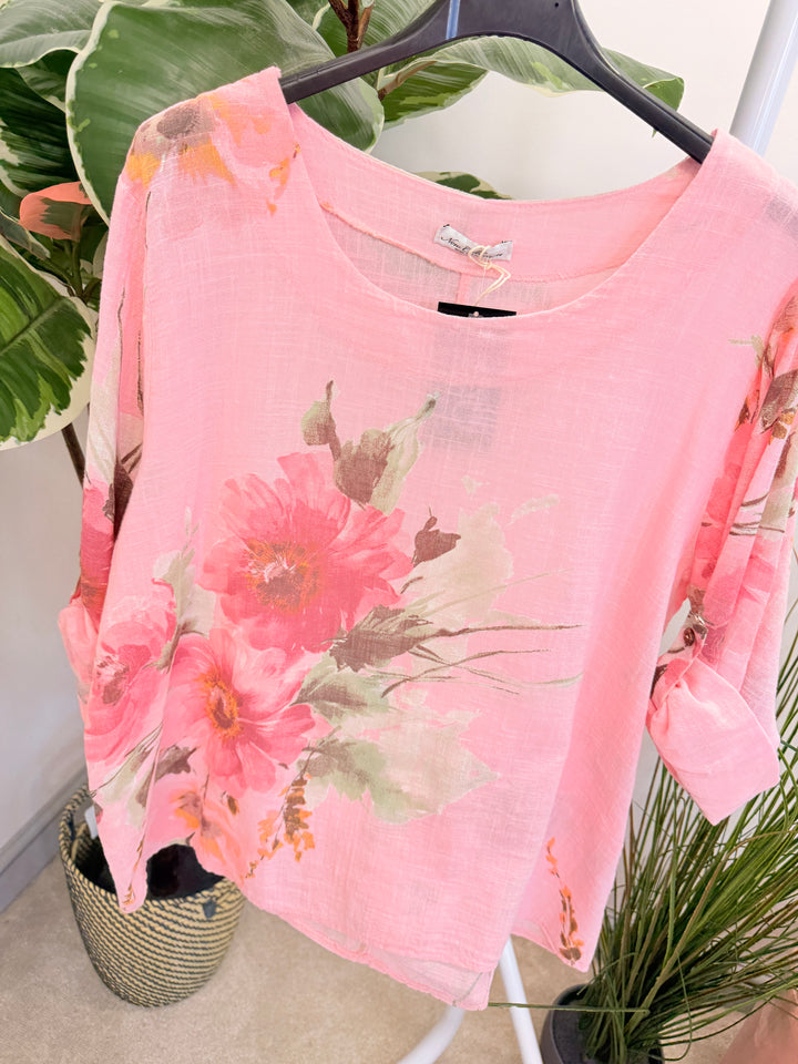 Ladies Fashion Flower Print Light Linen Top - White, Pink & Lemon