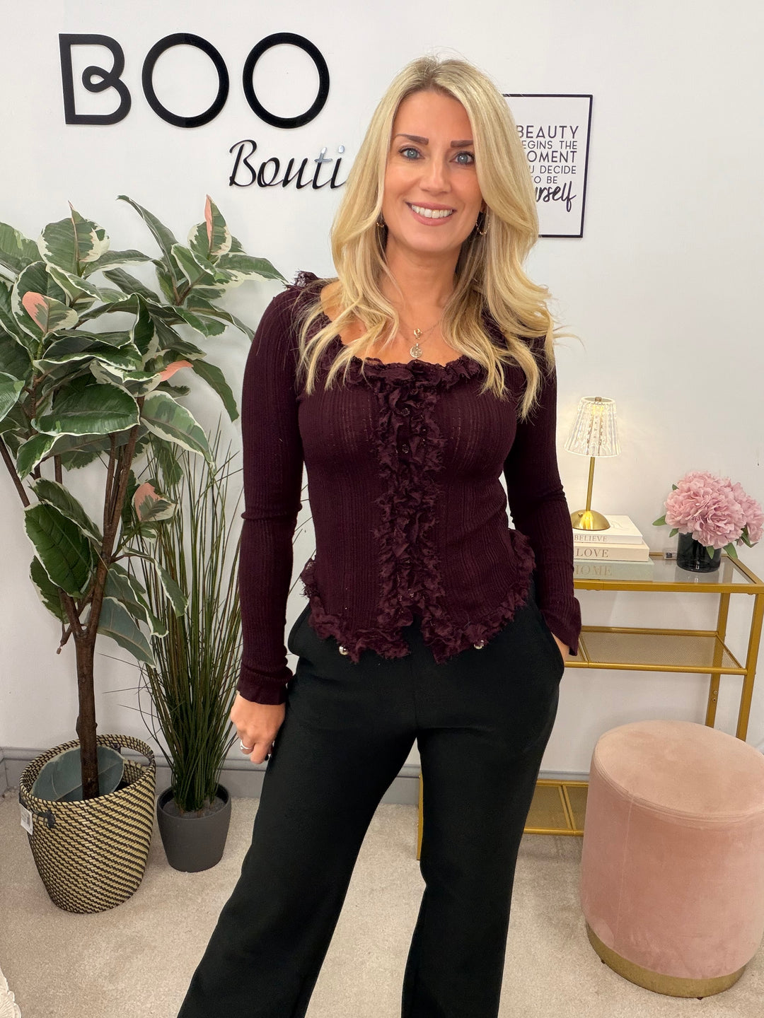 Ladies Fashion Fitted Frill Cardigan Top - Black, White, Brown & Wine