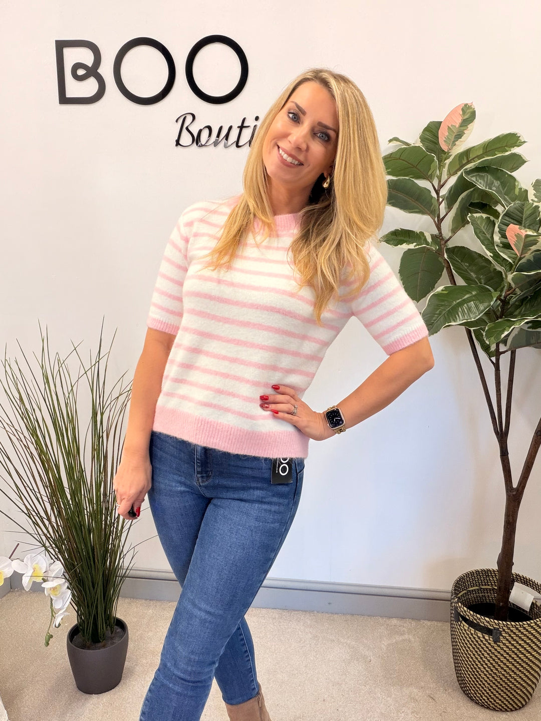 LADIES CREAM STRIPED SHORT SLEEVE JUMPER - PINK, BLUE & BEIGE