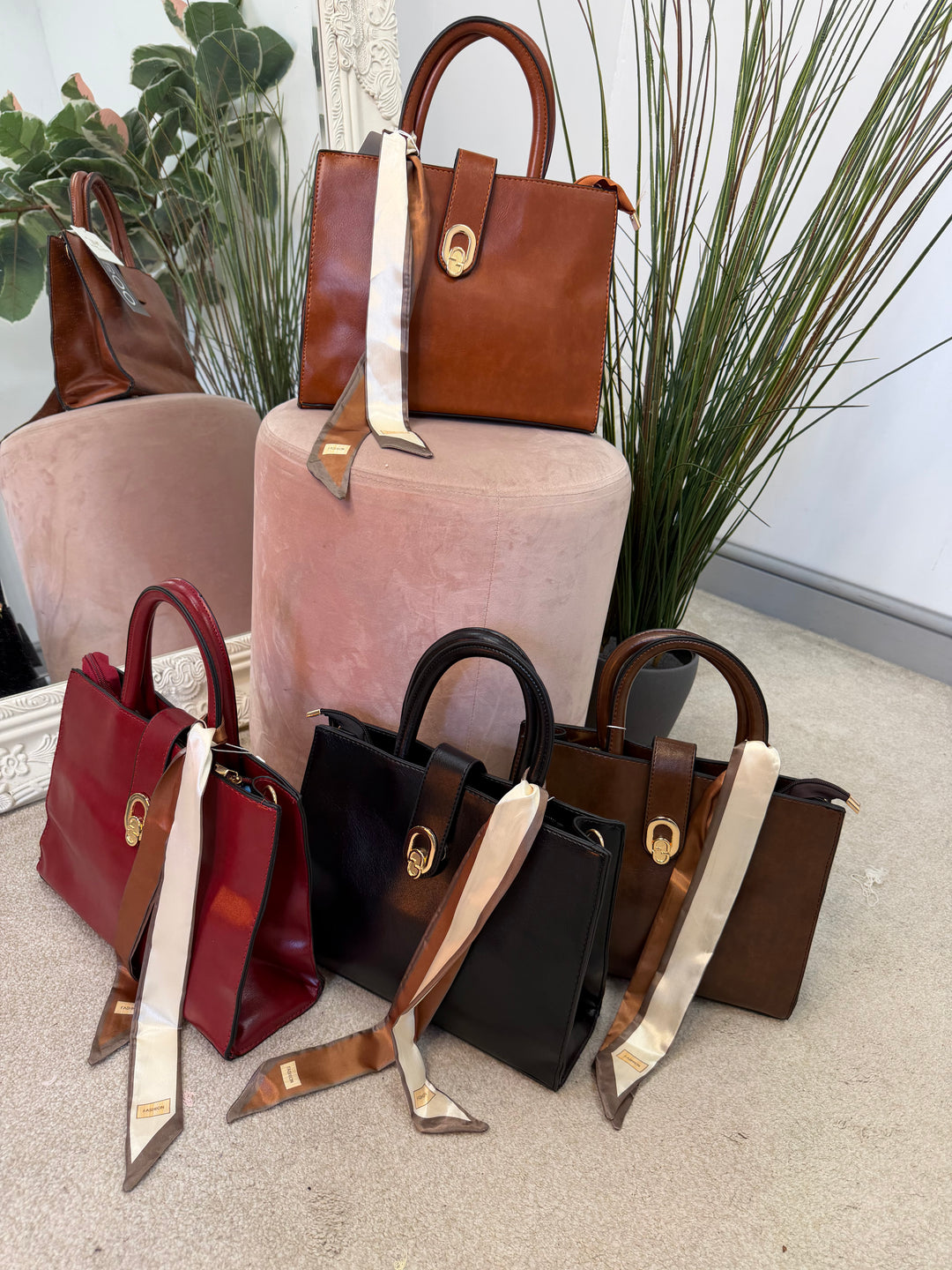 Ladies Fashion Stylish Scarf Handbag - black, brown, tan, & red